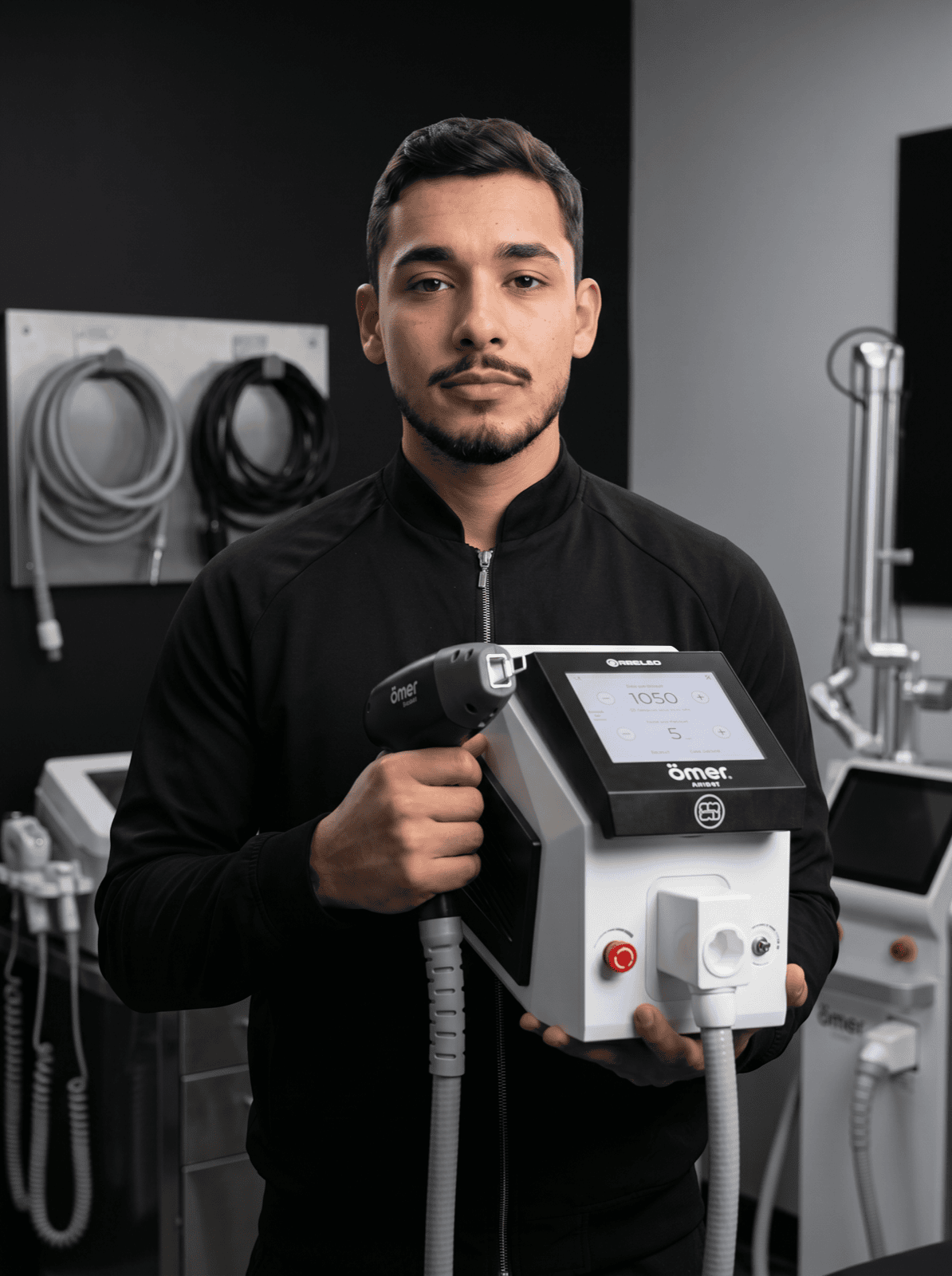 Samuel Araújo segurando o laser Omer no estúdio